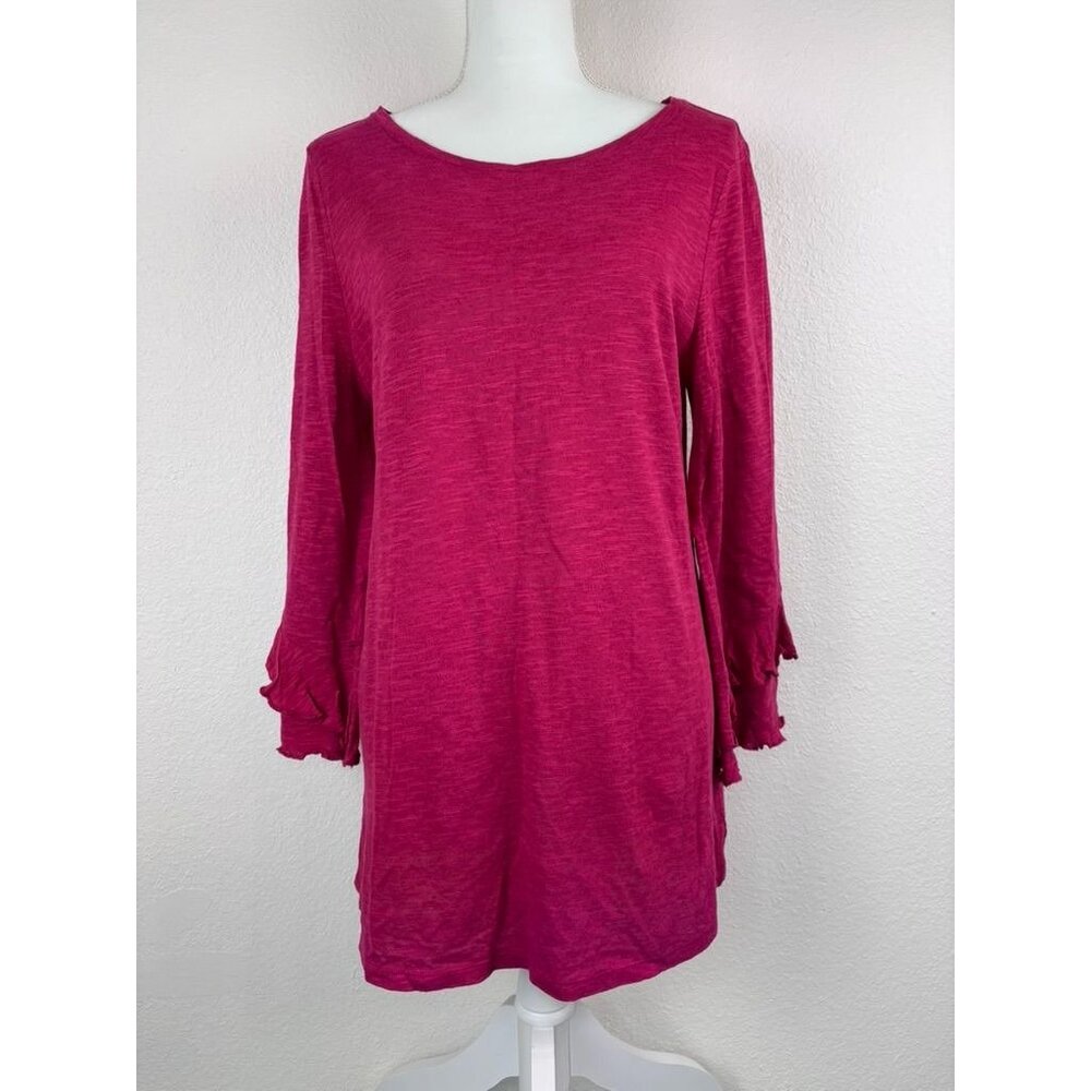 Soft Surroundings women's medium pink 3/4 ruffle sleeve linen blend tunic top